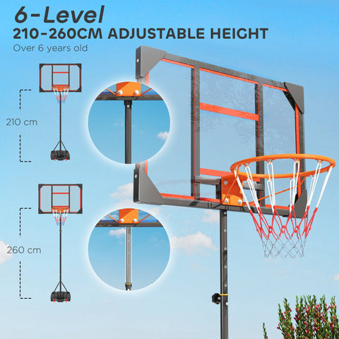 Aiyaplay basketball hoop with adjustable 210-260cm height, transparent backboard, orange rim, red net, and easy movement wheels