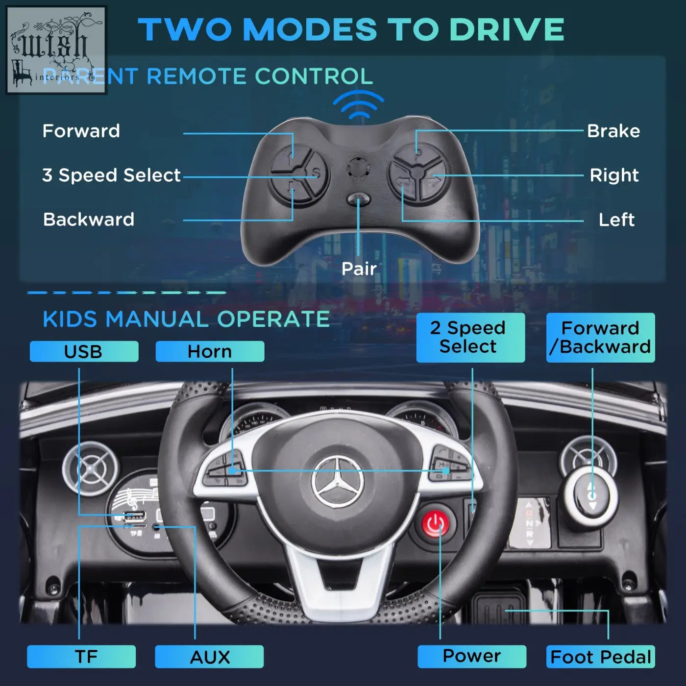 Black and silver remote control for AIYAPLAY Benz slc 12v electric ride with speed, brake, and parent pairing buttons