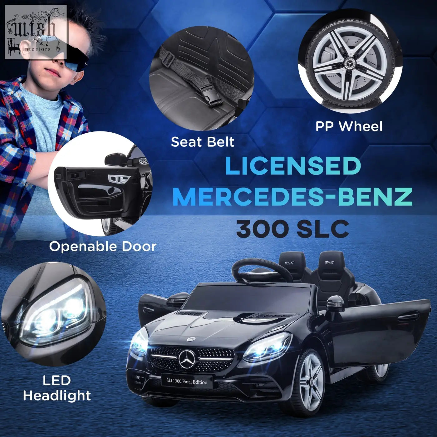 Black licensed benz slc 300 kids electric ride with remote control pp wheels and led headlights for ages 3 to 6