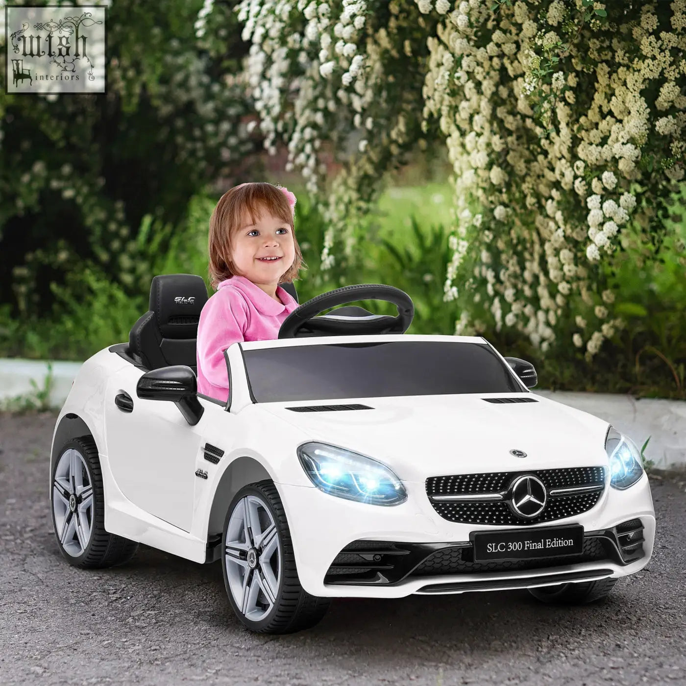 White benz slc 300 kids electric ride on car with remote control, black accents, lights, and suspension wheels