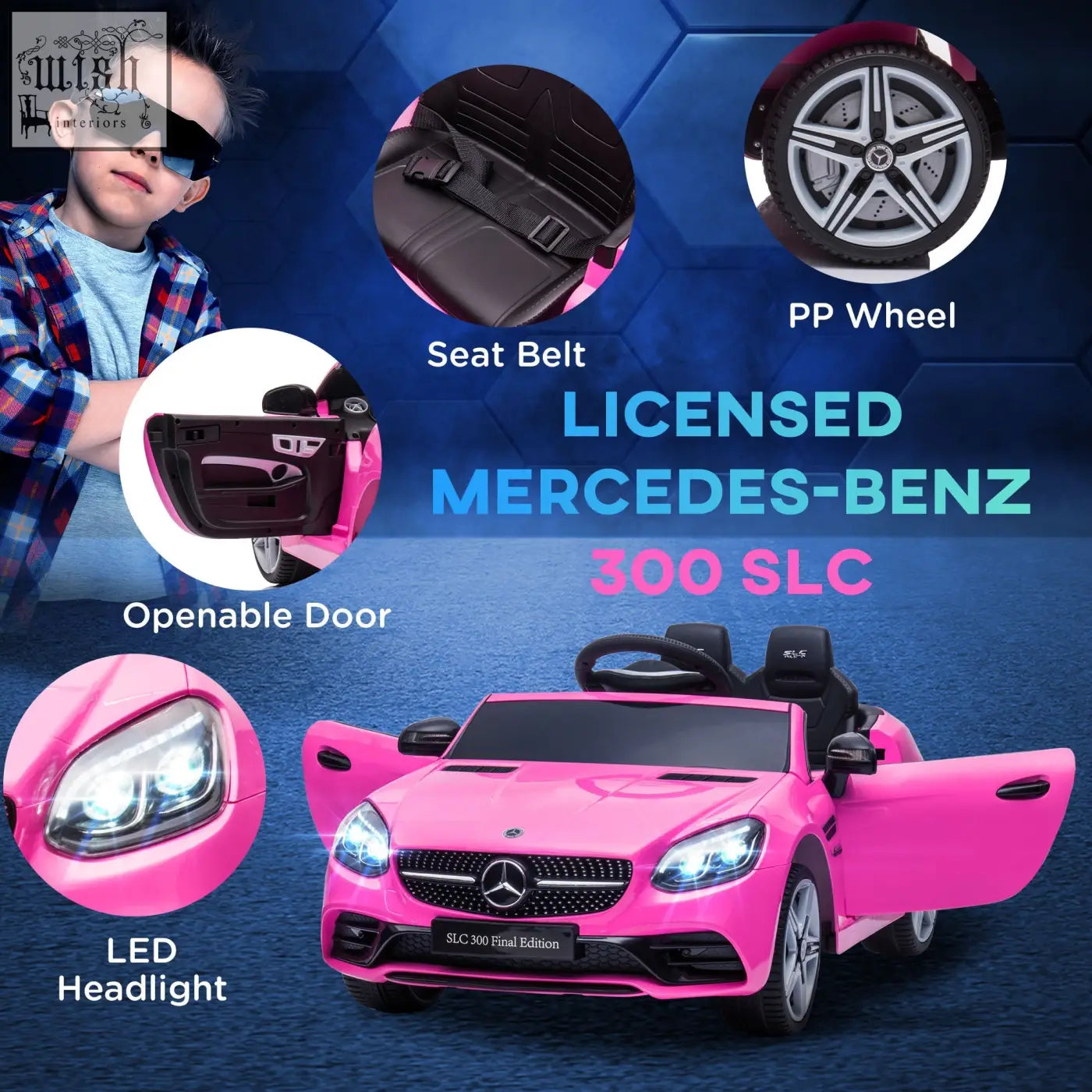 Pink benz slc 300 licensed electric ride on with remote control black interior and silver alloy wheels for kids