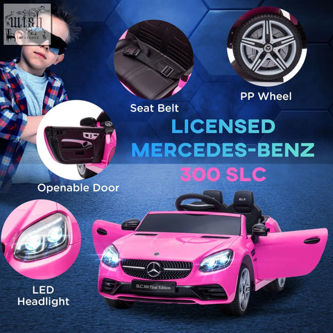 Pink benz slc 300 licensed electric ride on with remote control black interior and silver alloy wheels for kids