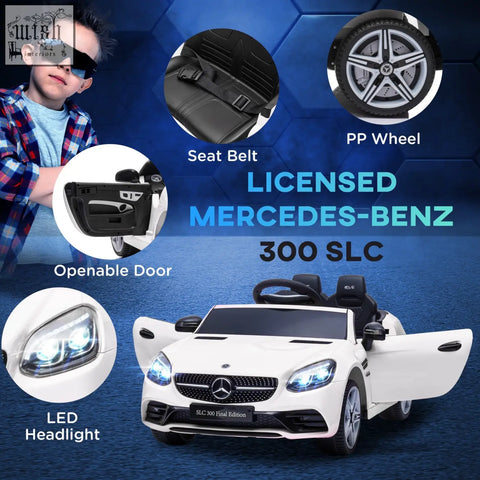 White licensed benz slc 300 electric ride on car for kids with black interior silver wheels and remote control feature