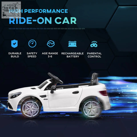 White benz slc 300 electric ride on car for kids with remote control black seats and silver alloy wheels