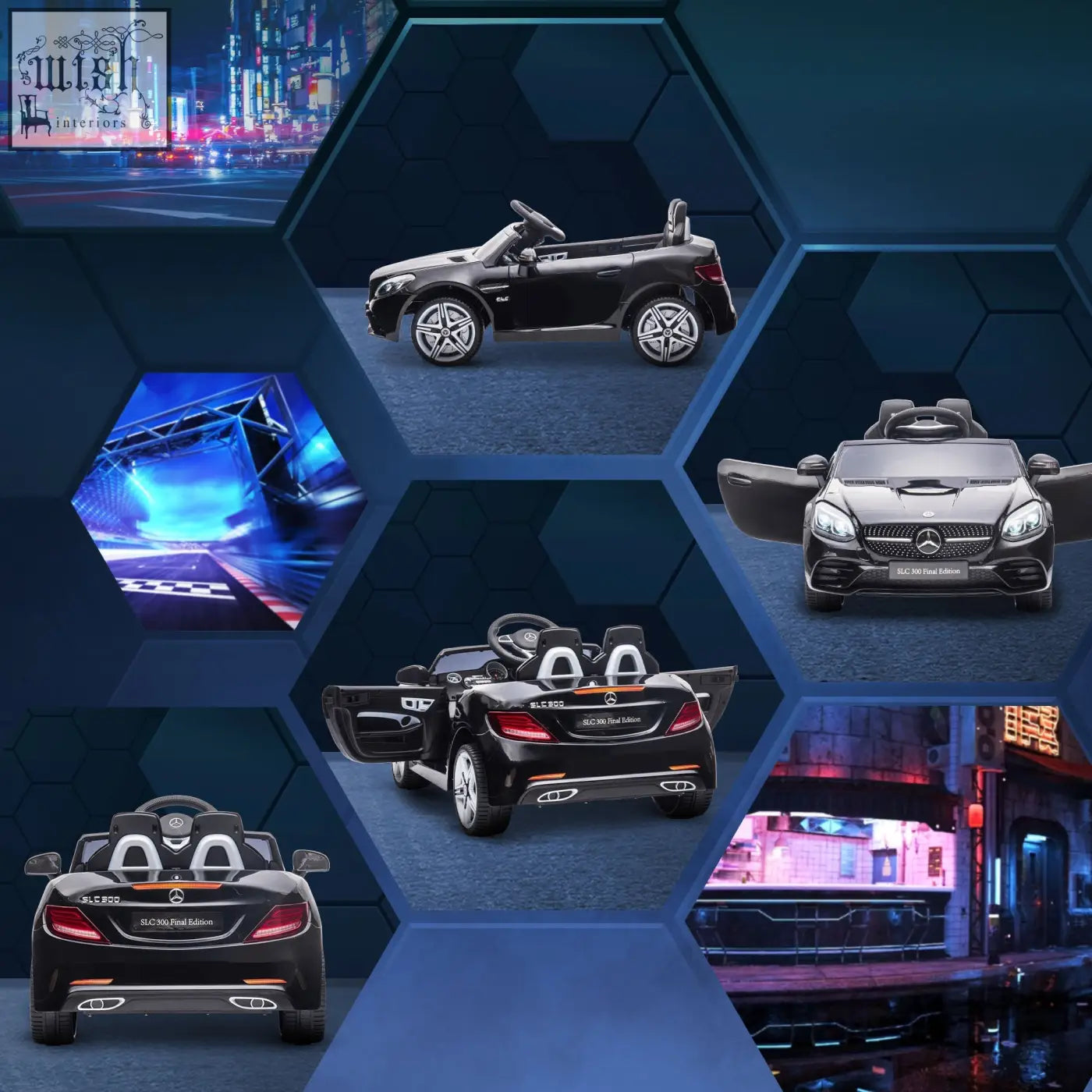Black benz slc 300 electric ride kids car with remote control, chrome accents, music, and suspension wheels