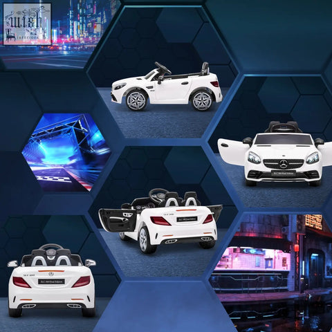 White kids electric ride on benz slc with remote control black interior and suspension wheels for ages 3 to 6 years