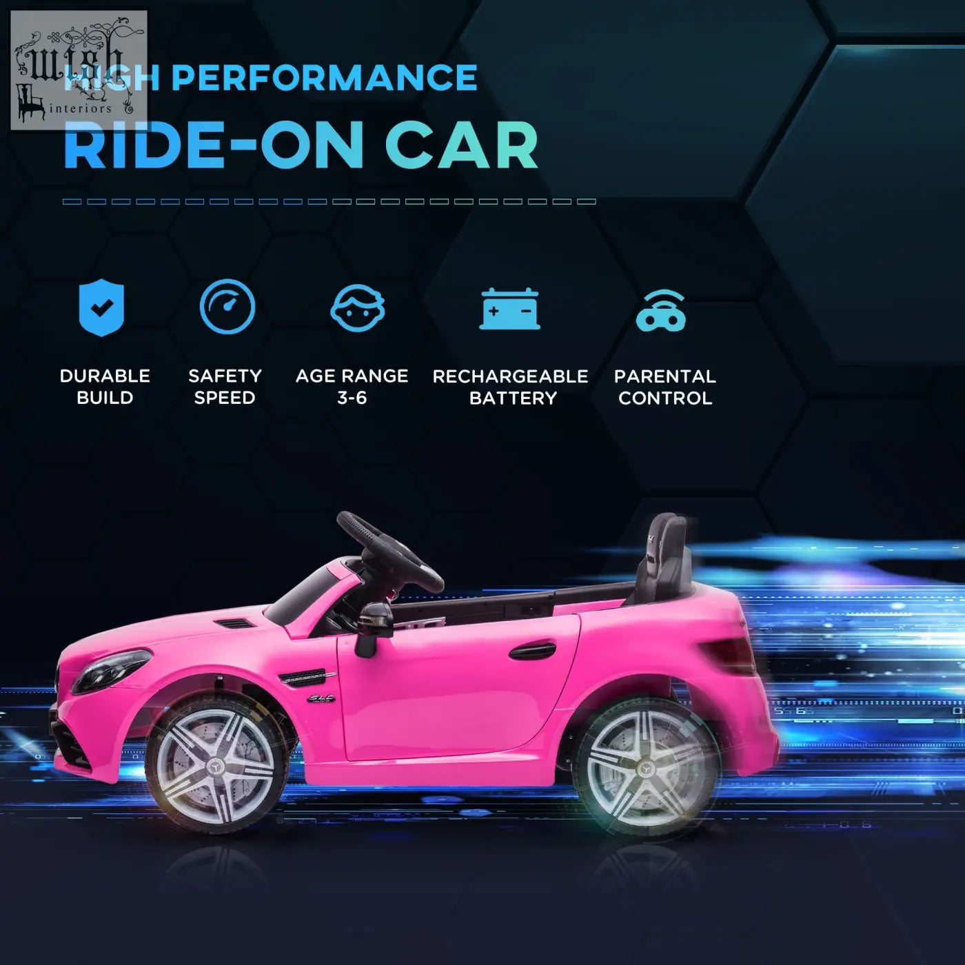 Pink AIYAPLAY benz slc 300 electric ride on car for kids with remote control, black seats, and silver alloy wheels