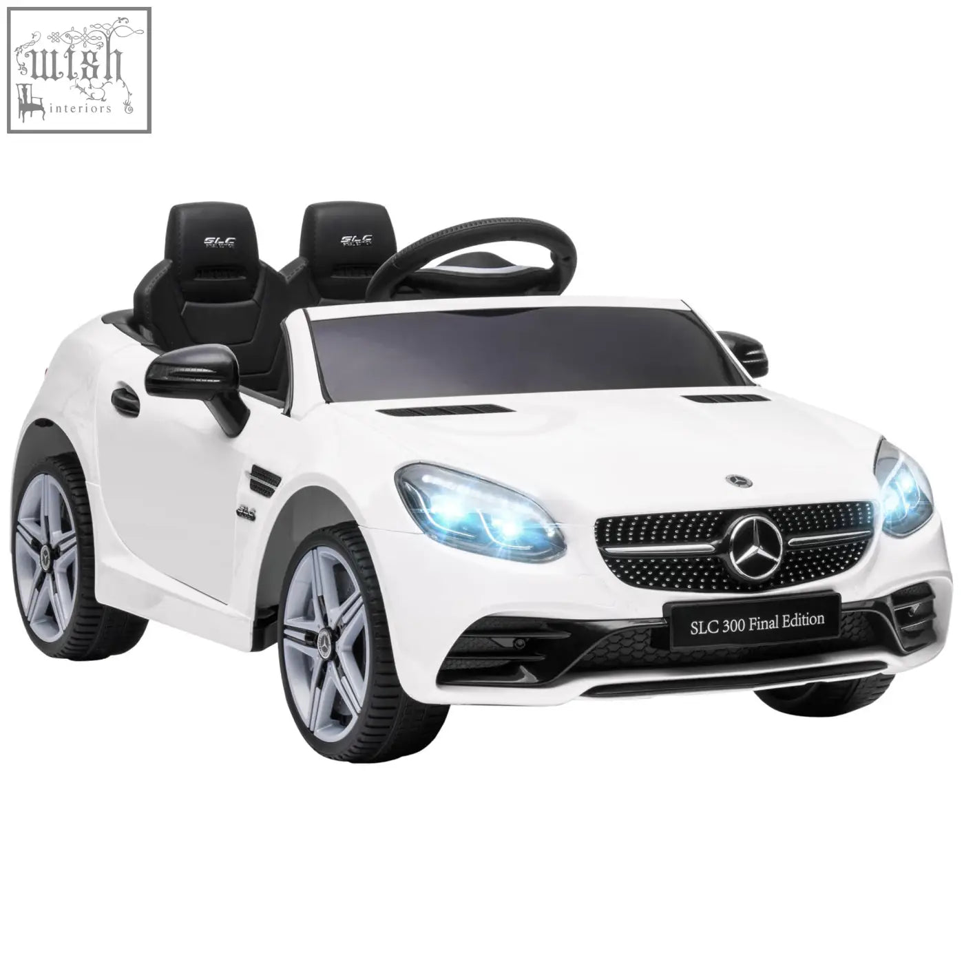 White benz slc 300 electric ride on car for kids with remote control black seats and silver alloy wheels