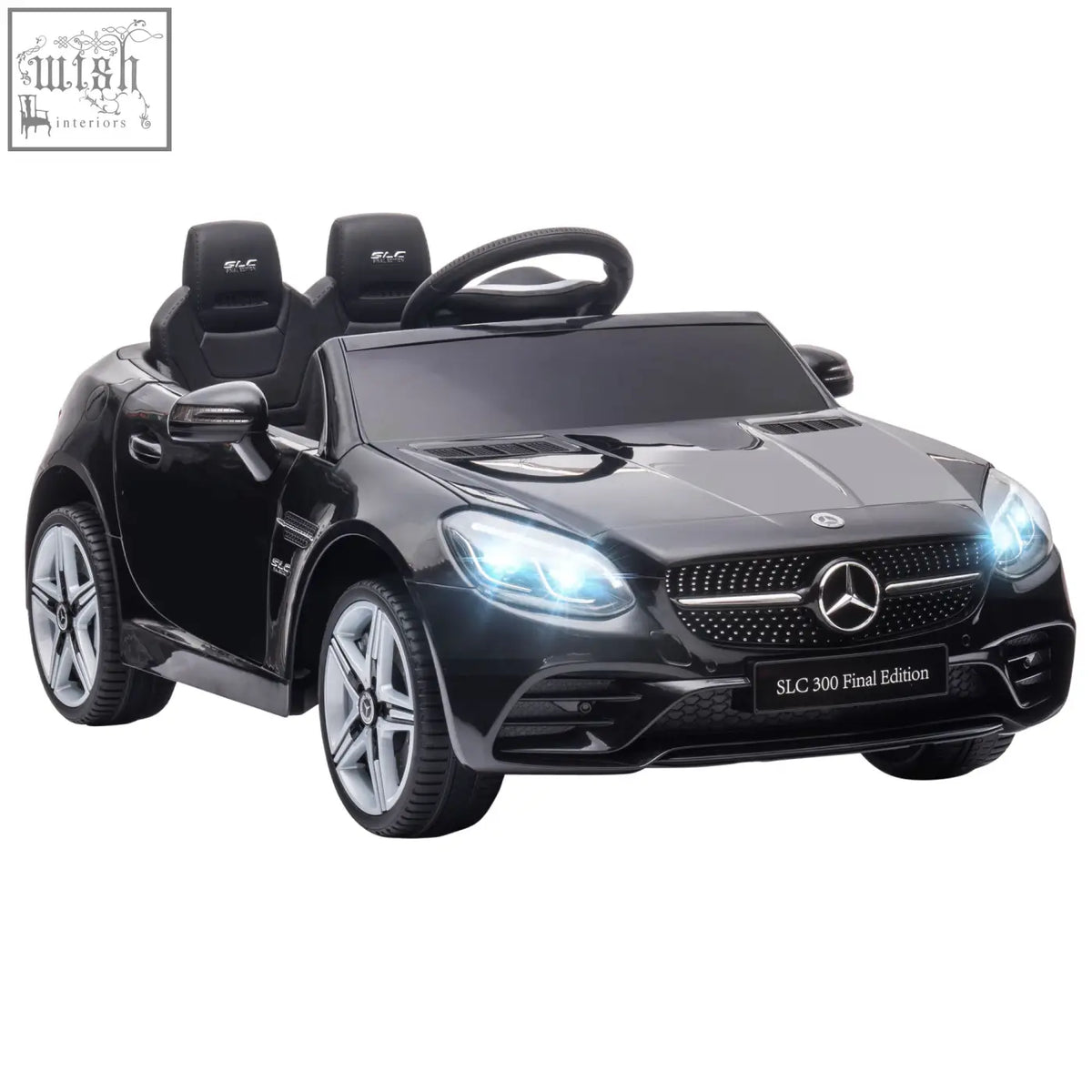 Black benz slc 300 electric ride on toy car with remote control silver alloy wheels and illuminated headlights