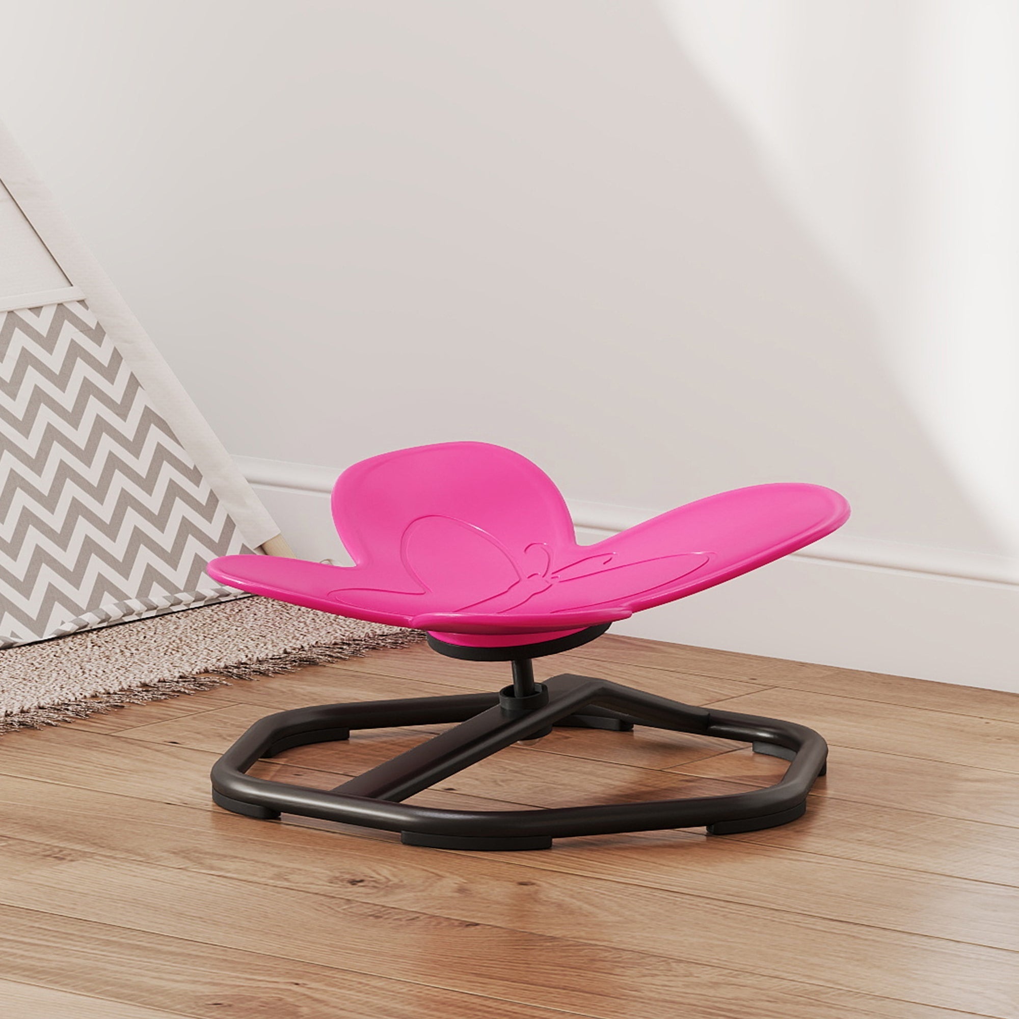 Aiyaplay bright pink butterfly-shaped kids sensory spinning chair with black metal base for balance and coordination training