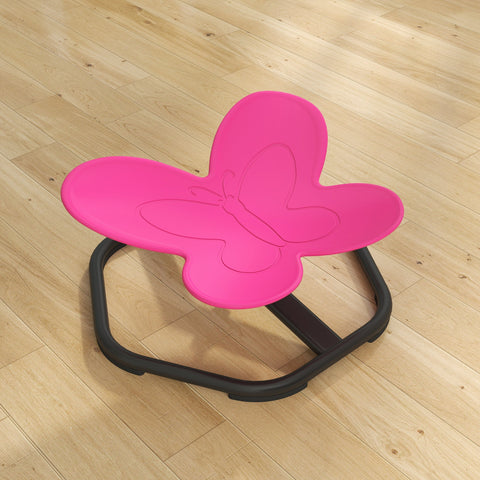 A bright pink aiYaplay butterfly-shaped kids swivel chair with black metal frame perfect for sensory spinning training