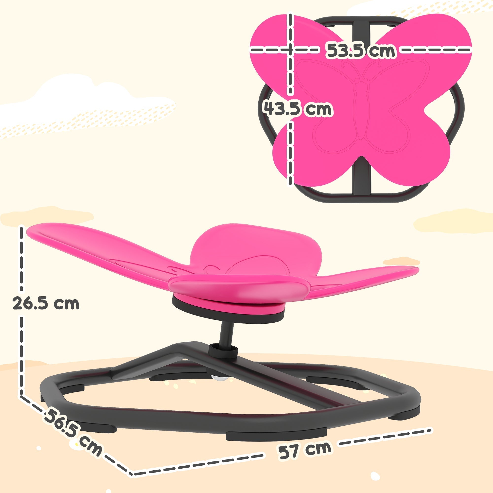 Pink AIYAPLAY butterfly-shaped sensory spinning chair with black metal frame and adjustable base for kids balance training