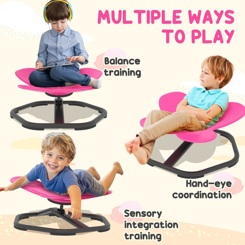 Pink butterfly-shaped sensory spinning chair with black metal base for balance and coordination training