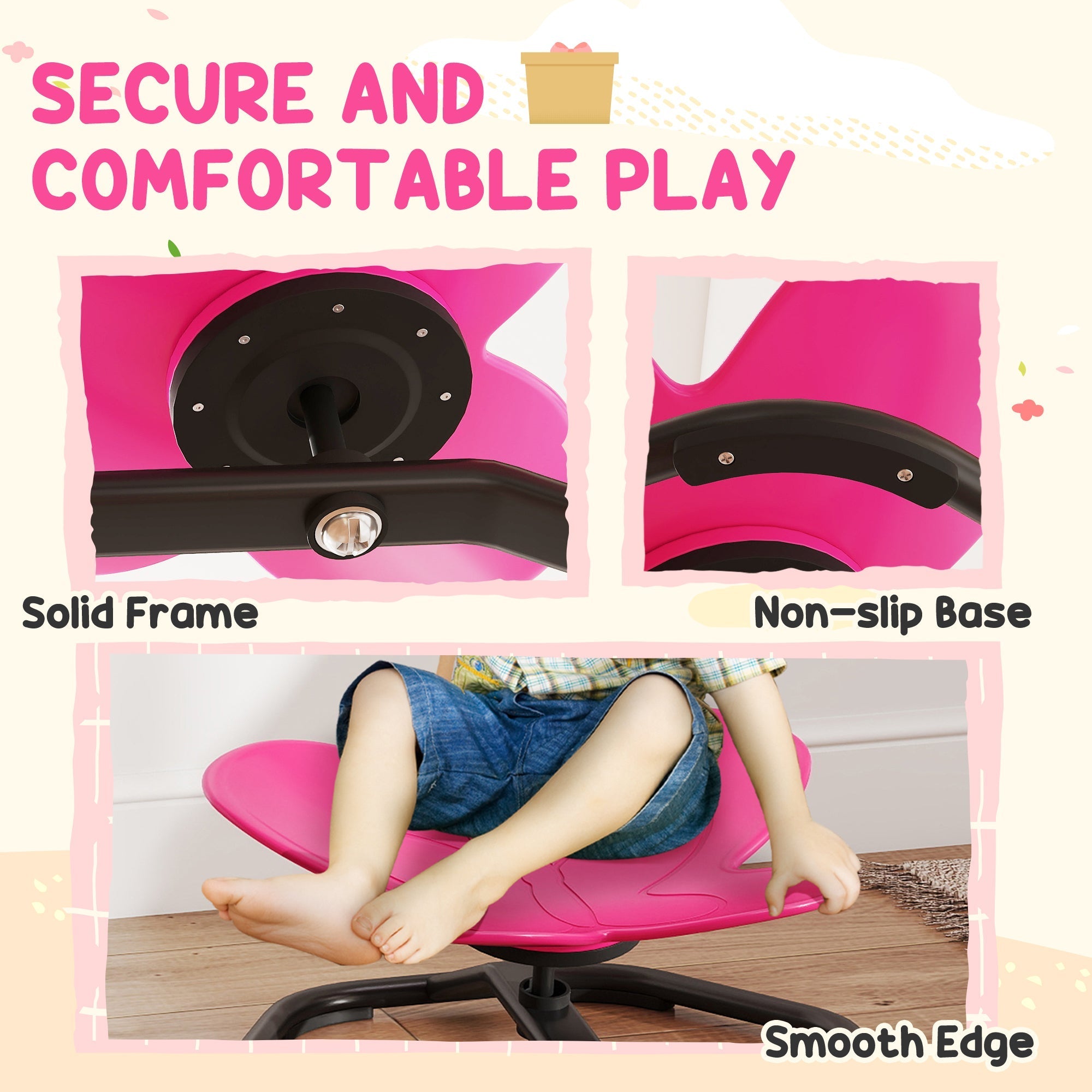 Bright pink aiyaplay butterfly-shaped kids sensory spinning chair with a solid black frame and non-slip base