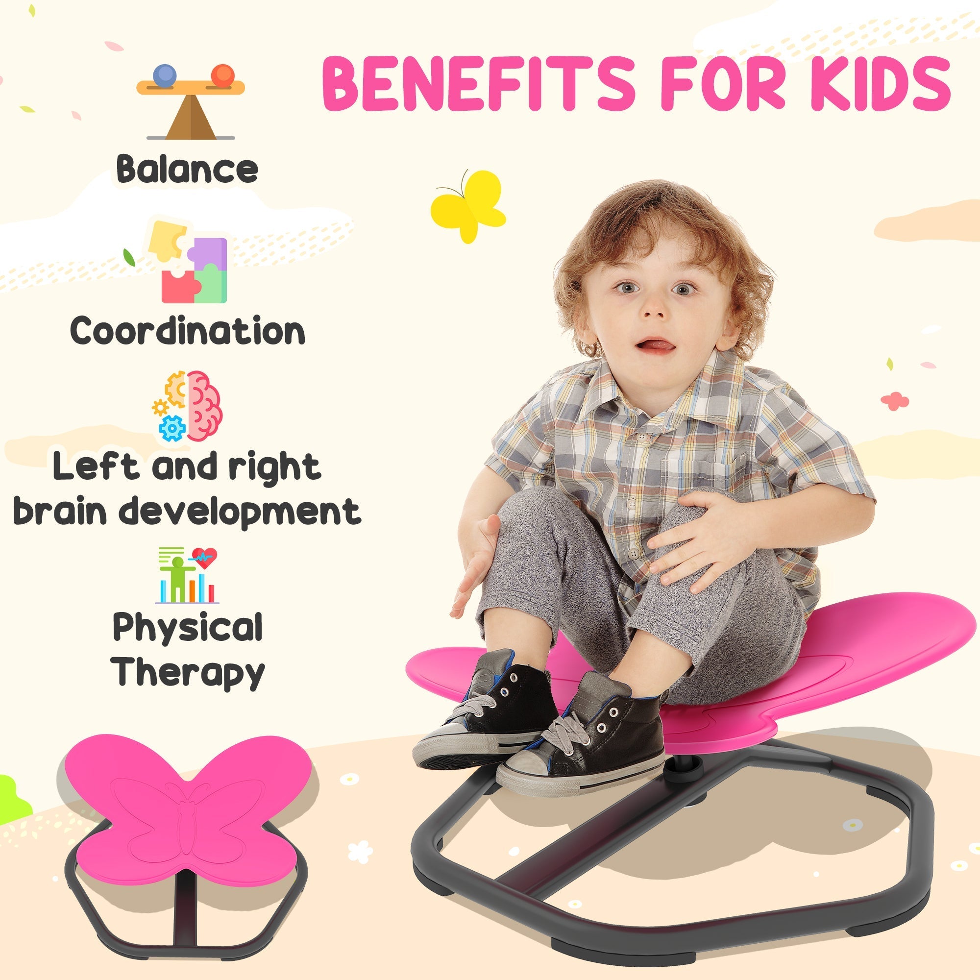 Pink AIYAPLAY butterfly-shaped sensory spinning chair with black metal frame for balance and coordination training