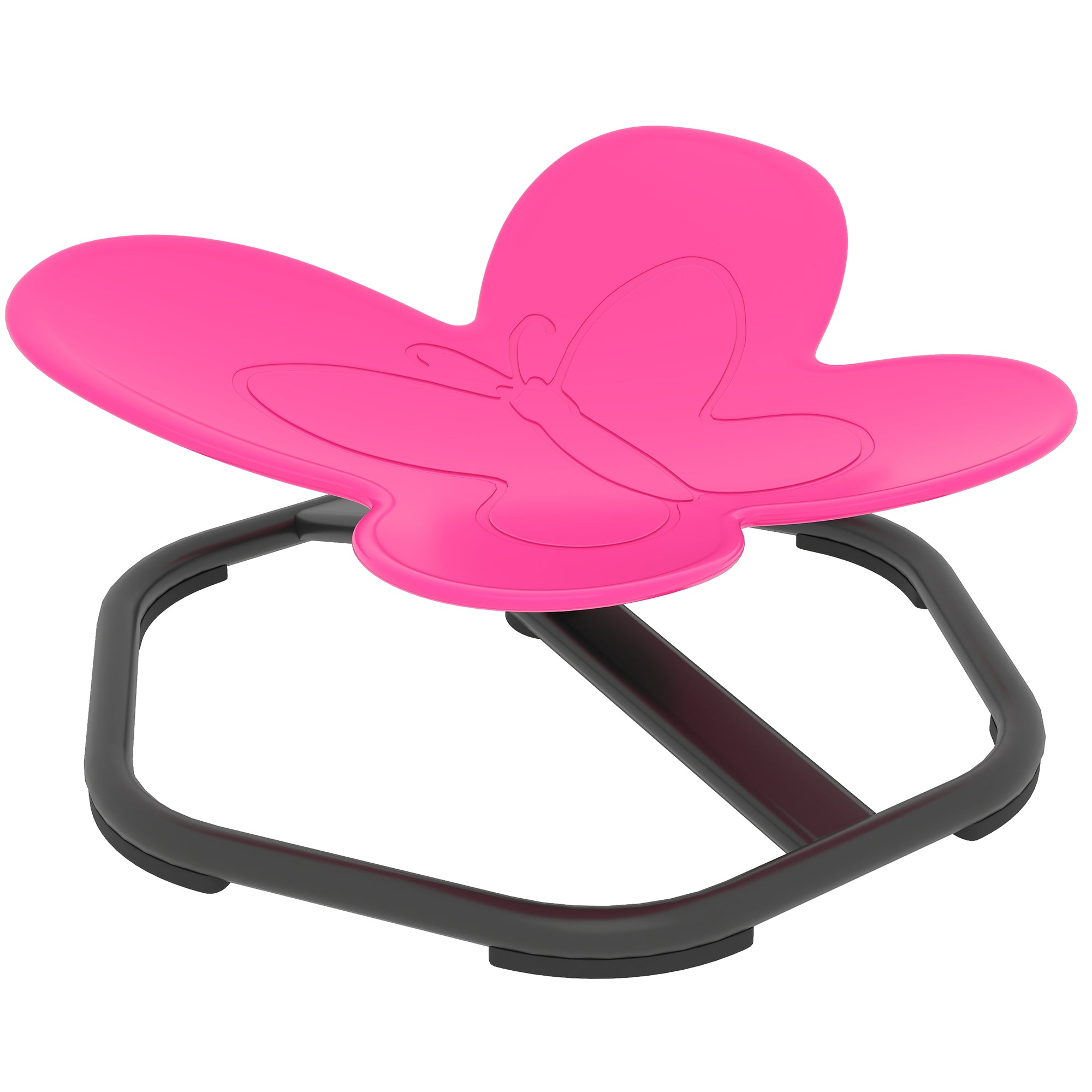 Bright pink butterfly-shaped aiyayplay kids swivel chair with black metal frame for sensory spinning and balance training