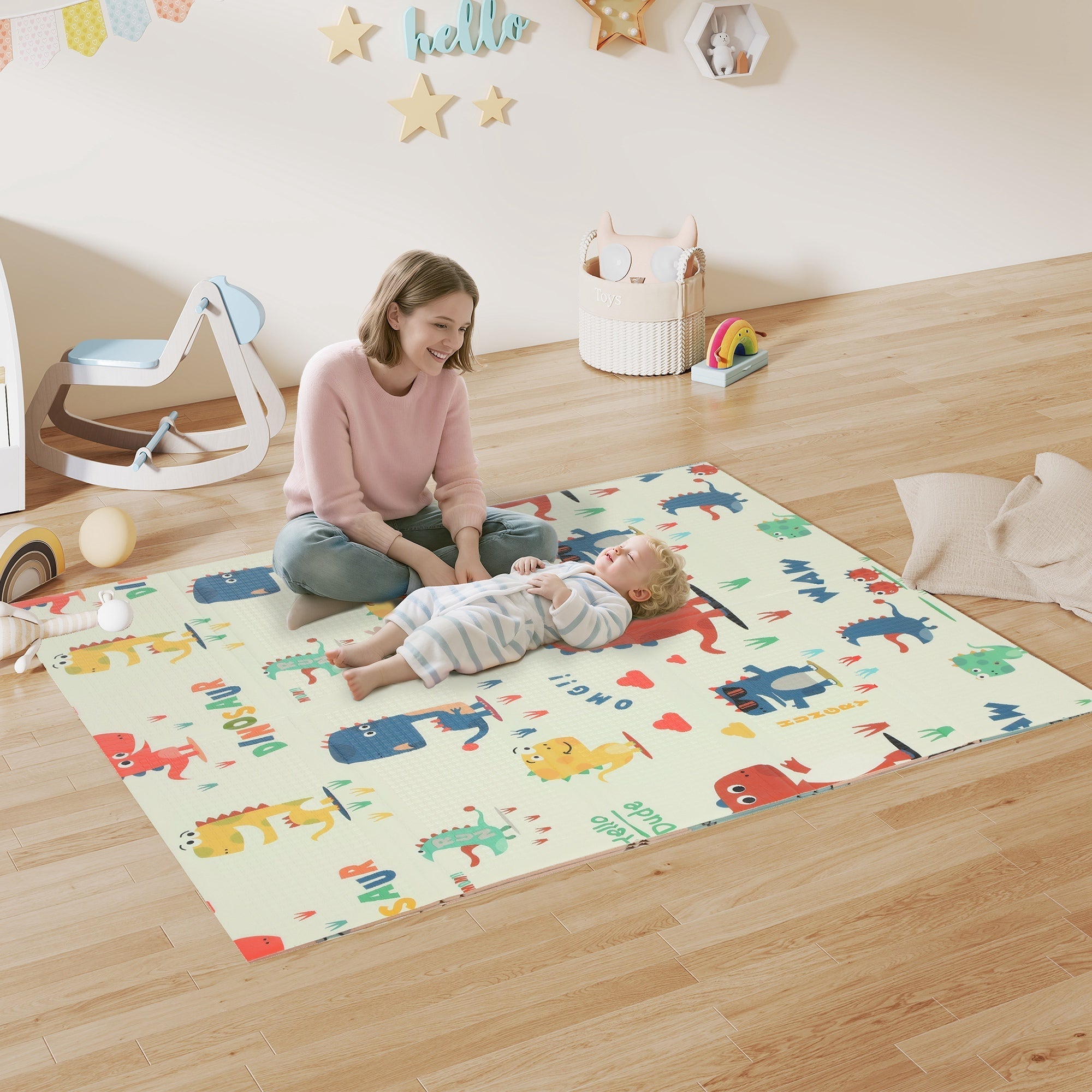 Cream-colored aiyaplay baby play mat with colorful dinosaur pattern creating a safe space for baby play indoors outdoors