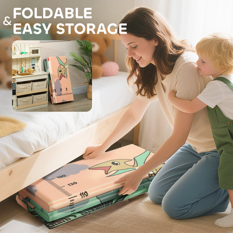 Pastel pink and green foldable dino baby play mat by aiyaplay offering a safe space for indoor and outdoor baby play