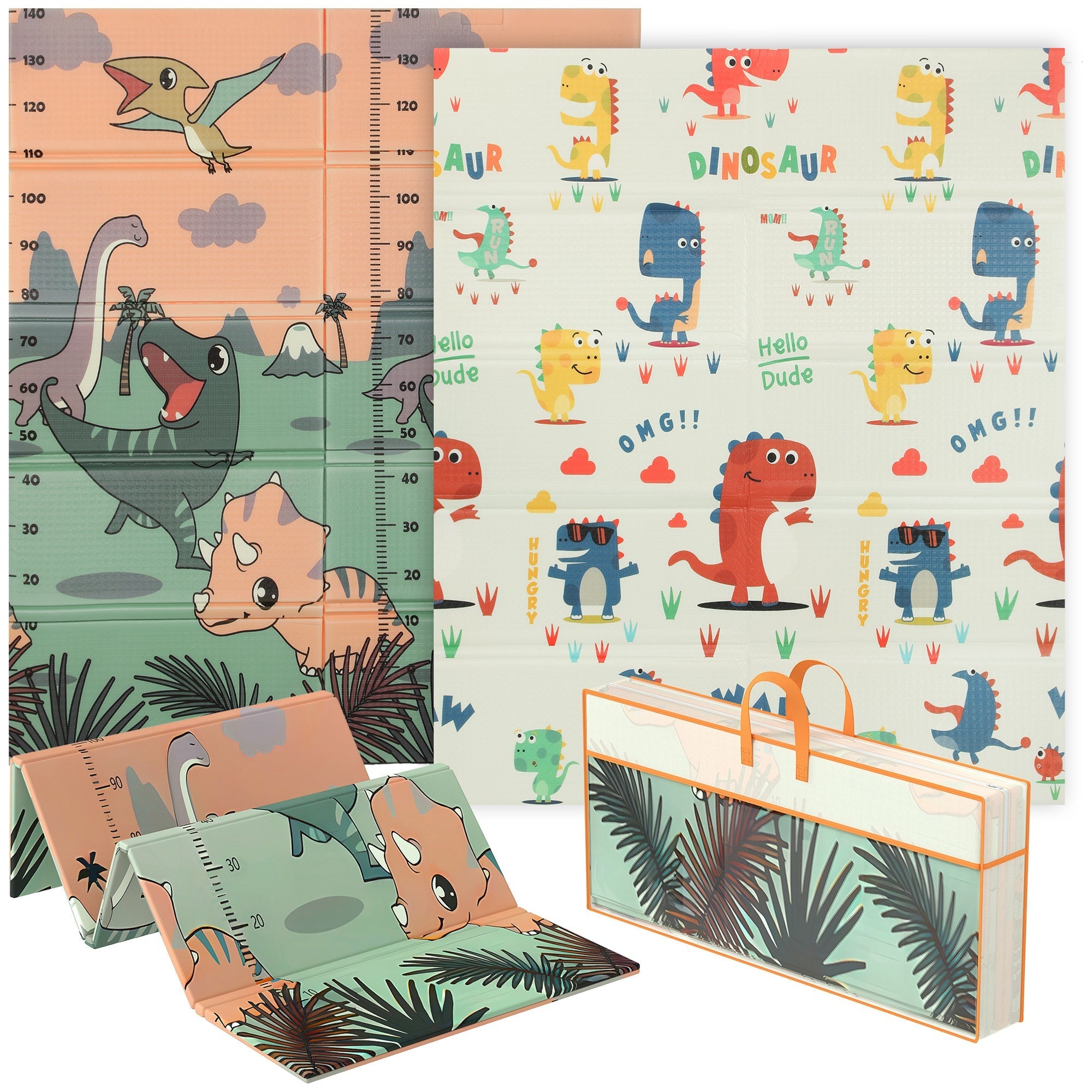 Aiyaplay dinosaur-themed baby play mat with colorful dinos and height markings on a soft safe space for baby play