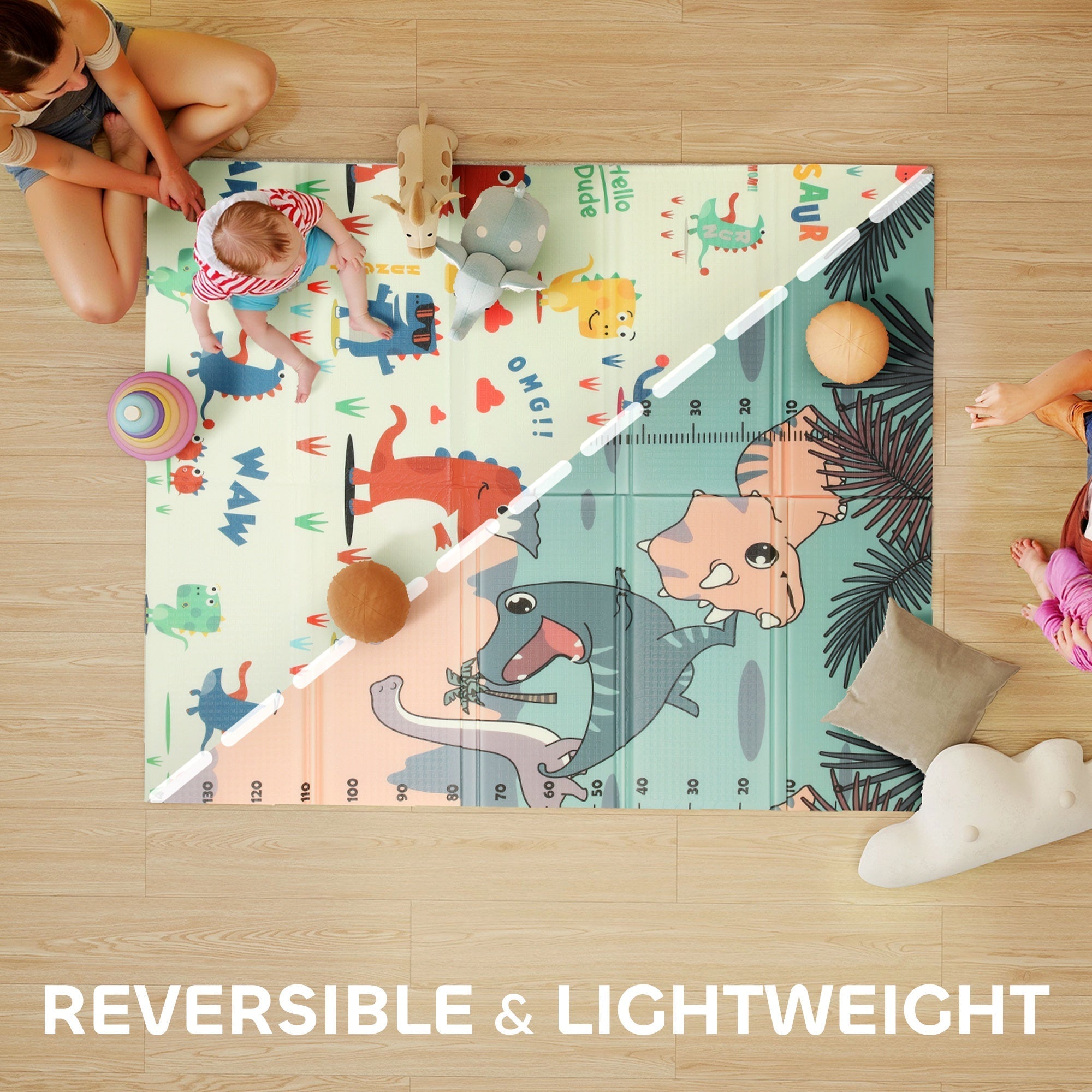 Colorful reversible aiayplay baby play mat with cartoon dinosaurs creates a safe space for indoor and outdoor baby play