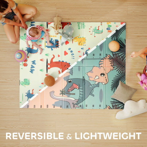 Colorful reversible aiayplay baby play mat with cartoon dinosaurs creates a safe space for indoor and outdoor baby play