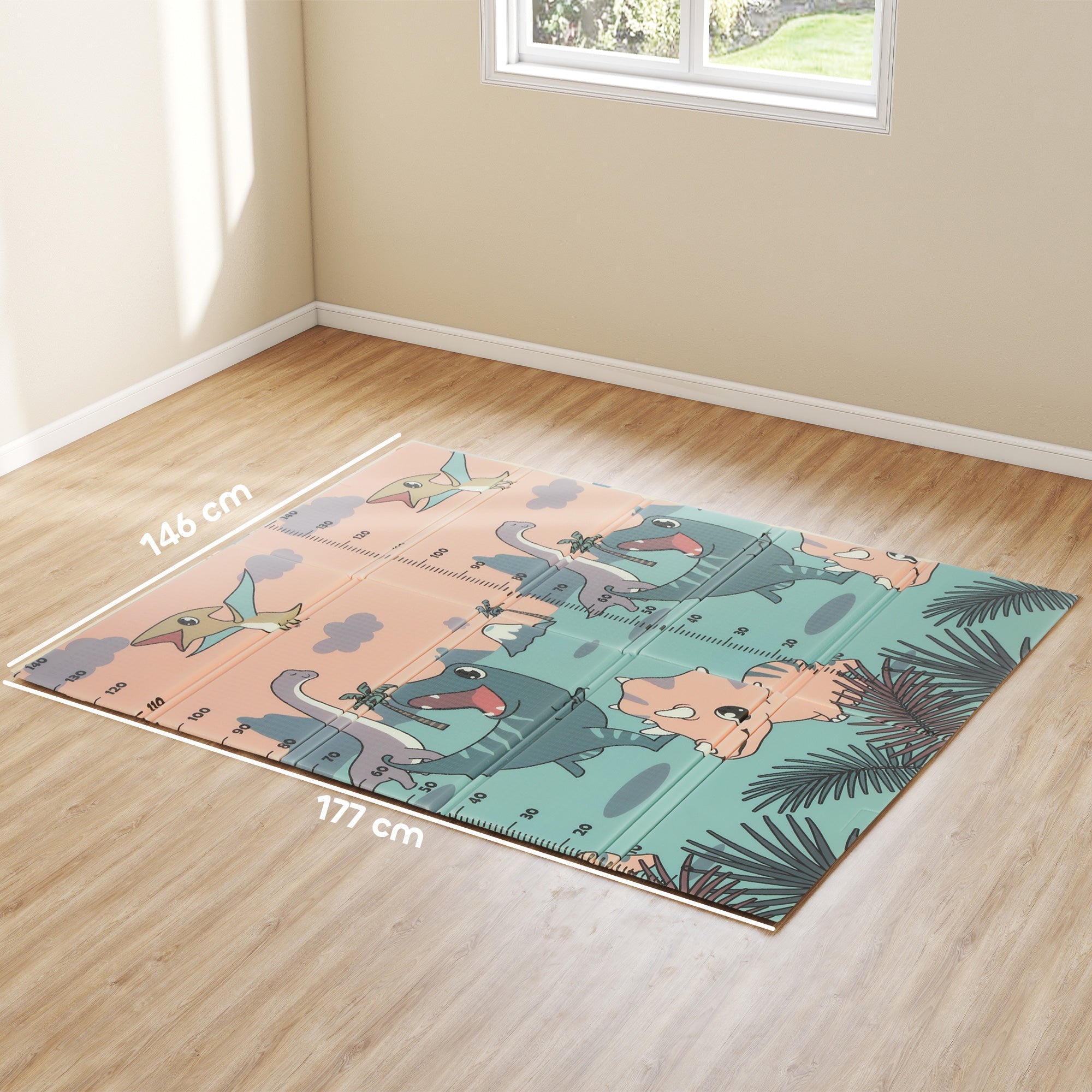 Colorful foldable ai yaplay dinosaur-themed baby play mat in pink and teal creating a safe space for baby play indoors and outdoors