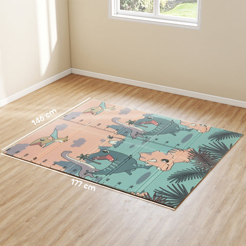 Colorful foldable ai yaplay dinosaur-themed baby play mat in pink and teal creating a safe space for baby play indoors and outdoors