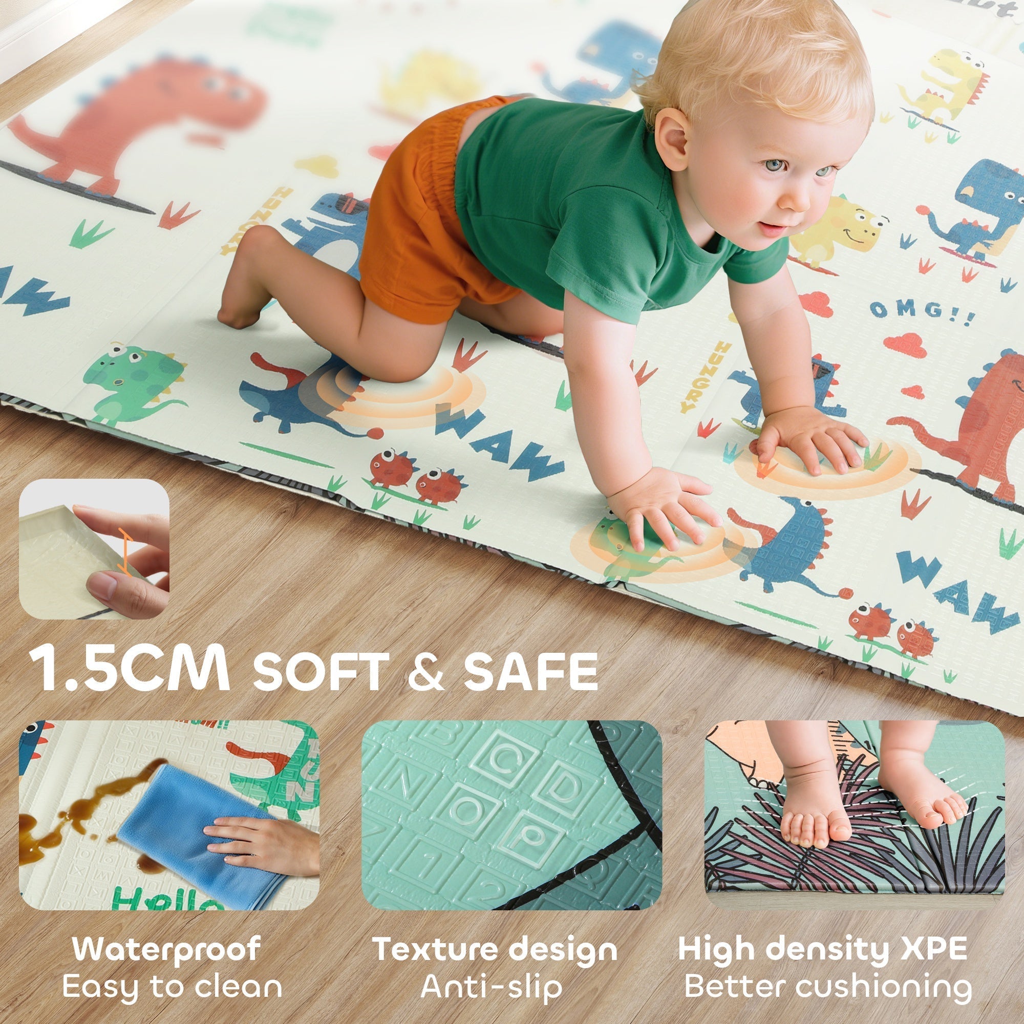A soft cream-colored aiyaplay baby play mat with colorful dinosaurs and playful text creates a safe space for baby play