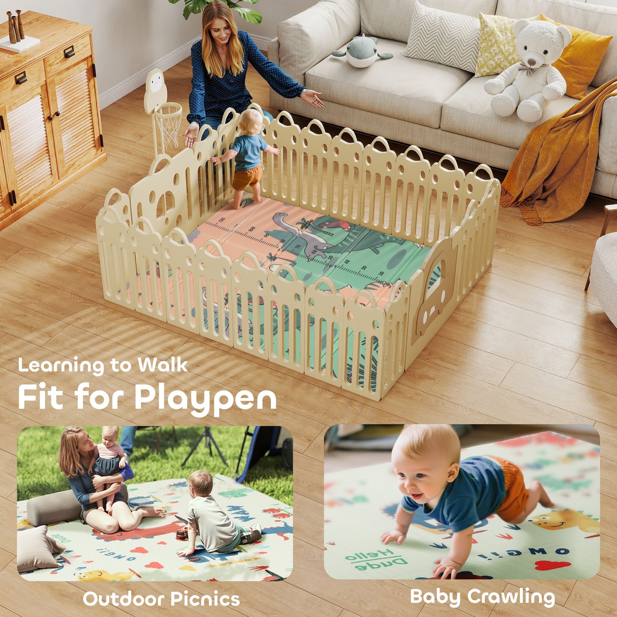 Beige plastic playpen with decorative cutouts and interlocking panels for a safe space during baby play