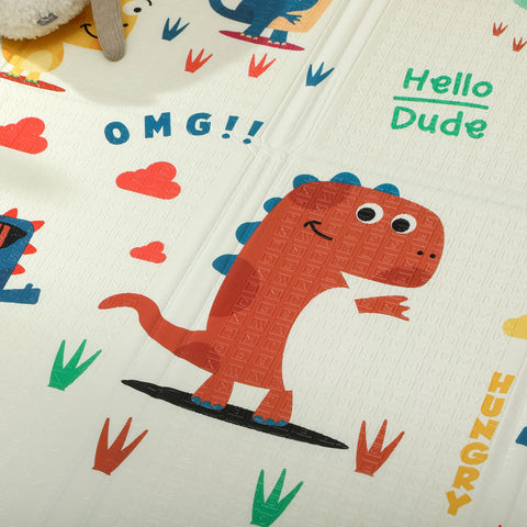 A cheerful orange dinosaur print on a foldable aiya play double sided baby play mat creating a safe space for baby play