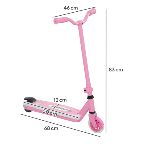 Pink aiyaplay electric scooter for kids with black grip deck white stripe pink wheels aux rear wheels and electronic foot brake