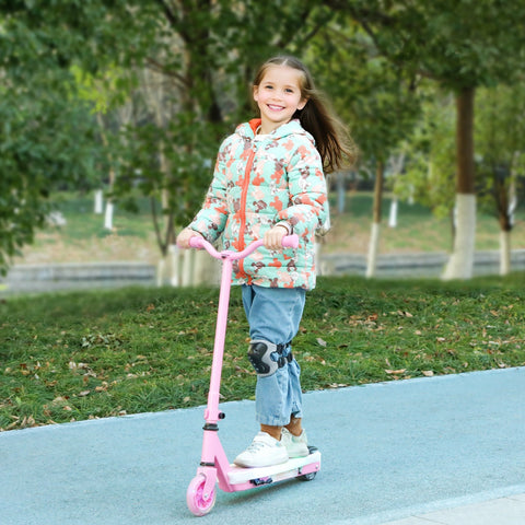 Pink aiyaplay electric scooter for kids with white deck black wheels auxiliary rear wheels and electronic foot brake