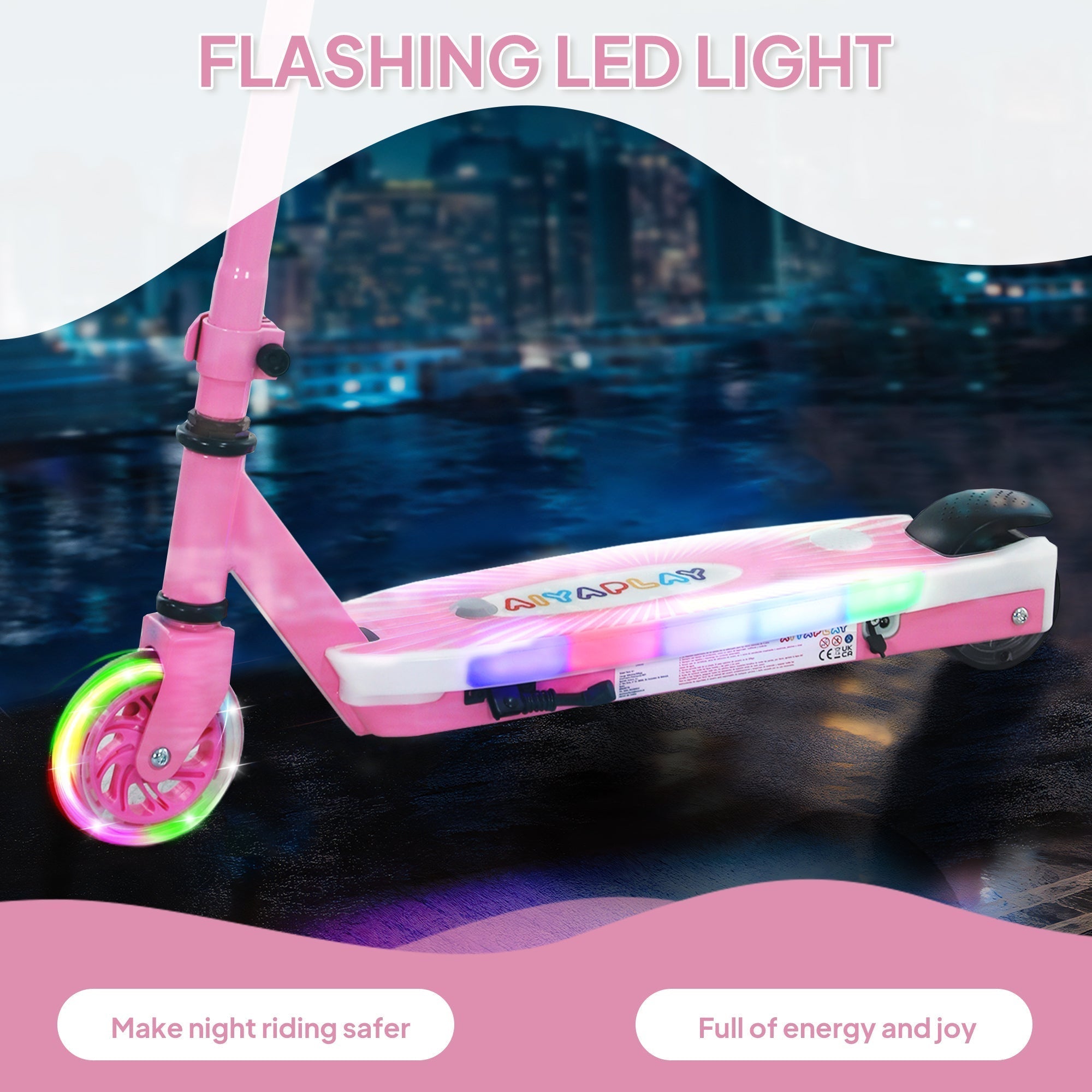 Pink and white aiyaplay electric scooter for kids with flashing led lights, auxiliary rear wheels, and electronic foot brake