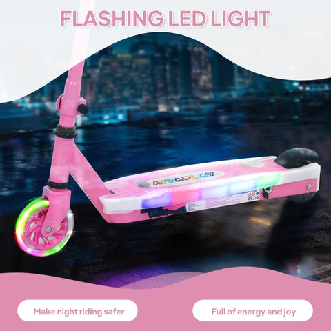 Pink and white aiyaplay electric scooter for kids with flashing led lights, auxiliary rear wheels, and electronic foot brake