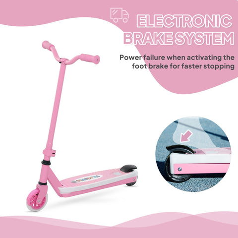 Pink aiyaplay electric scooter for kids with electronic foot brake white accents and auxiliary rear wheels