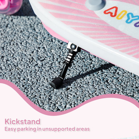 Pink and white inflatable paddleboard with rainbow aiy logo and black kickstand shown with aiyaplay electric scooter featuring electronic foot brake