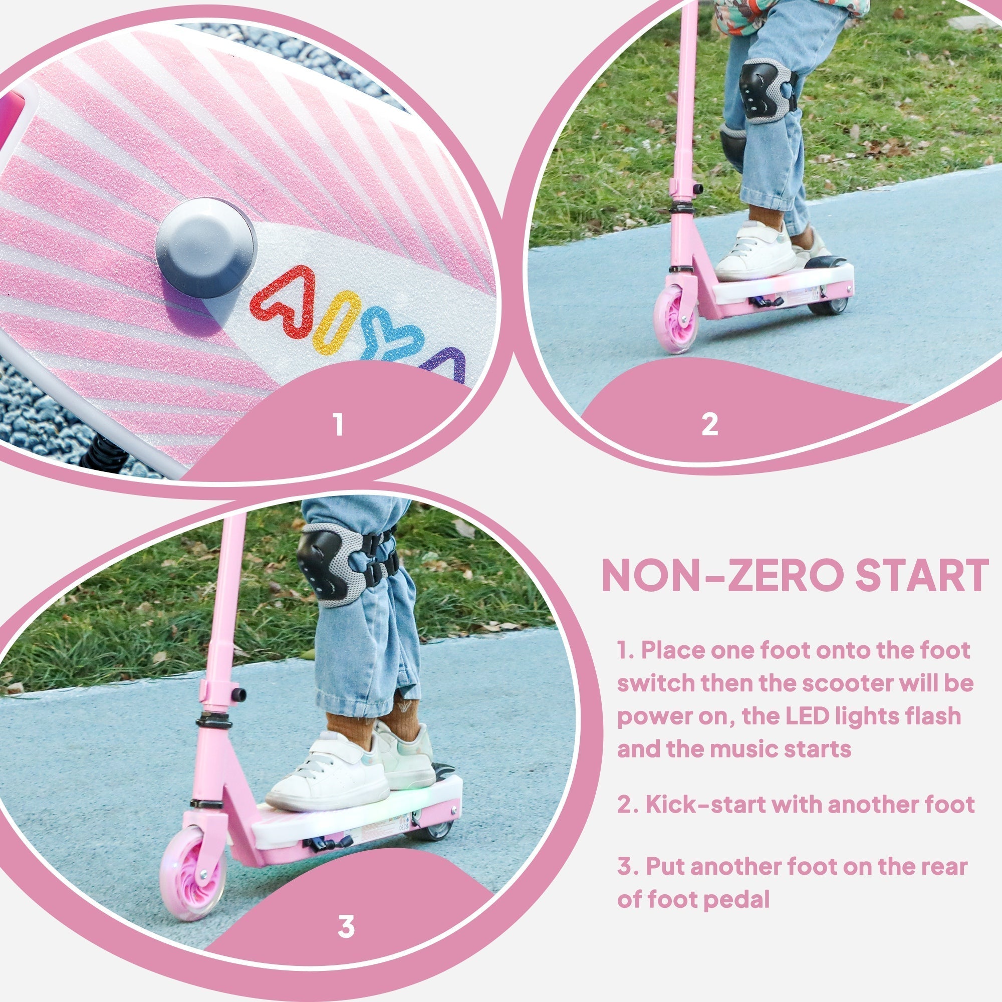 Pink aiyaplay electric scooter for kids with rainbow heart decals electronic foot brake and auxiliary rear wheels