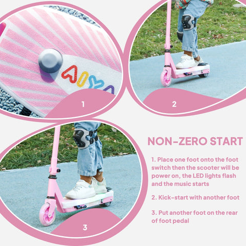 Pink aiyaplay electric scooter for kids with rainbow heart decals electronic foot brake and auxiliary rear wheels