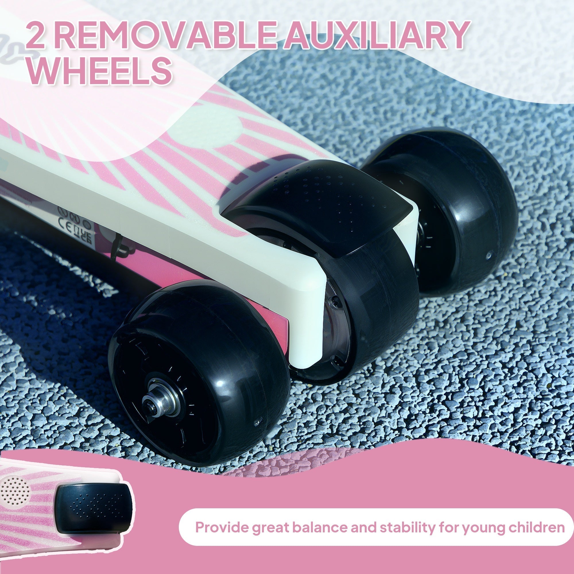 Pink and white aiyaplay electric scooter for kids with black wheels, auxiliary rear wheels, flashing led light, and electronic foot brake