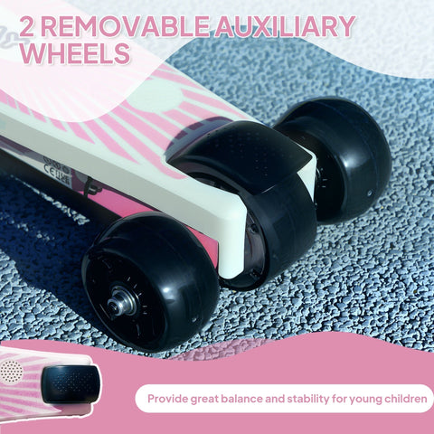 Pink and white aiyaplay electric scooter for kids with black wheels, auxiliary rear wheels, flashing led light, and electronic foot brake