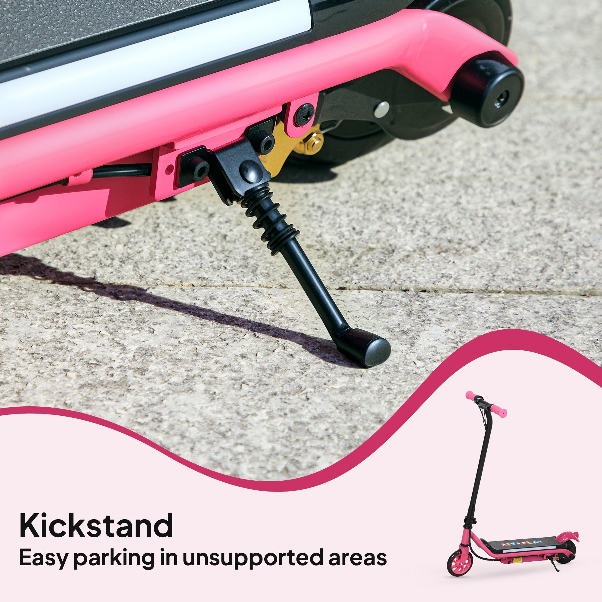 Pink and black electric scooter kickstand with gold pivot designed for kids featuring dual brakes and dynamic light bars