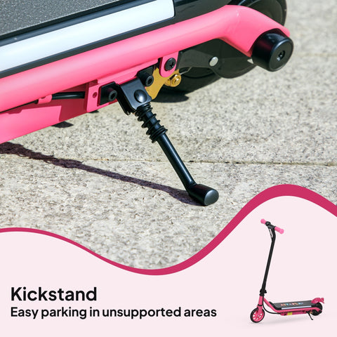 Pink and black electric scooter kickstand with gold pivot designed for kids featuring dual brakes and dynamic light bars