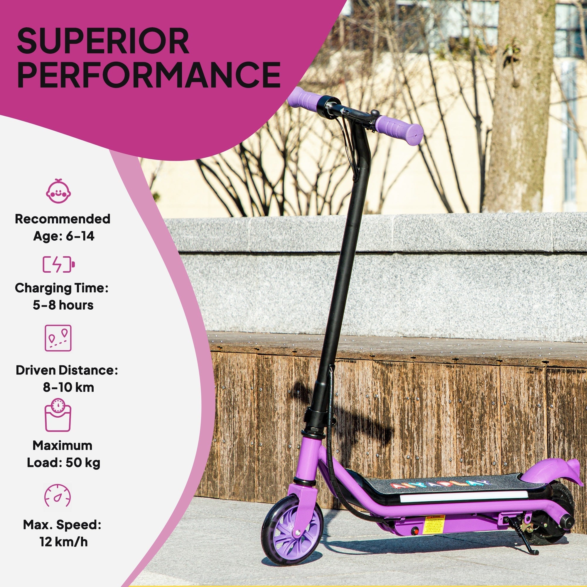 Purple aiyaplay electric scooter for kids with dual brakes colorful patterned deck and dynamic light bars