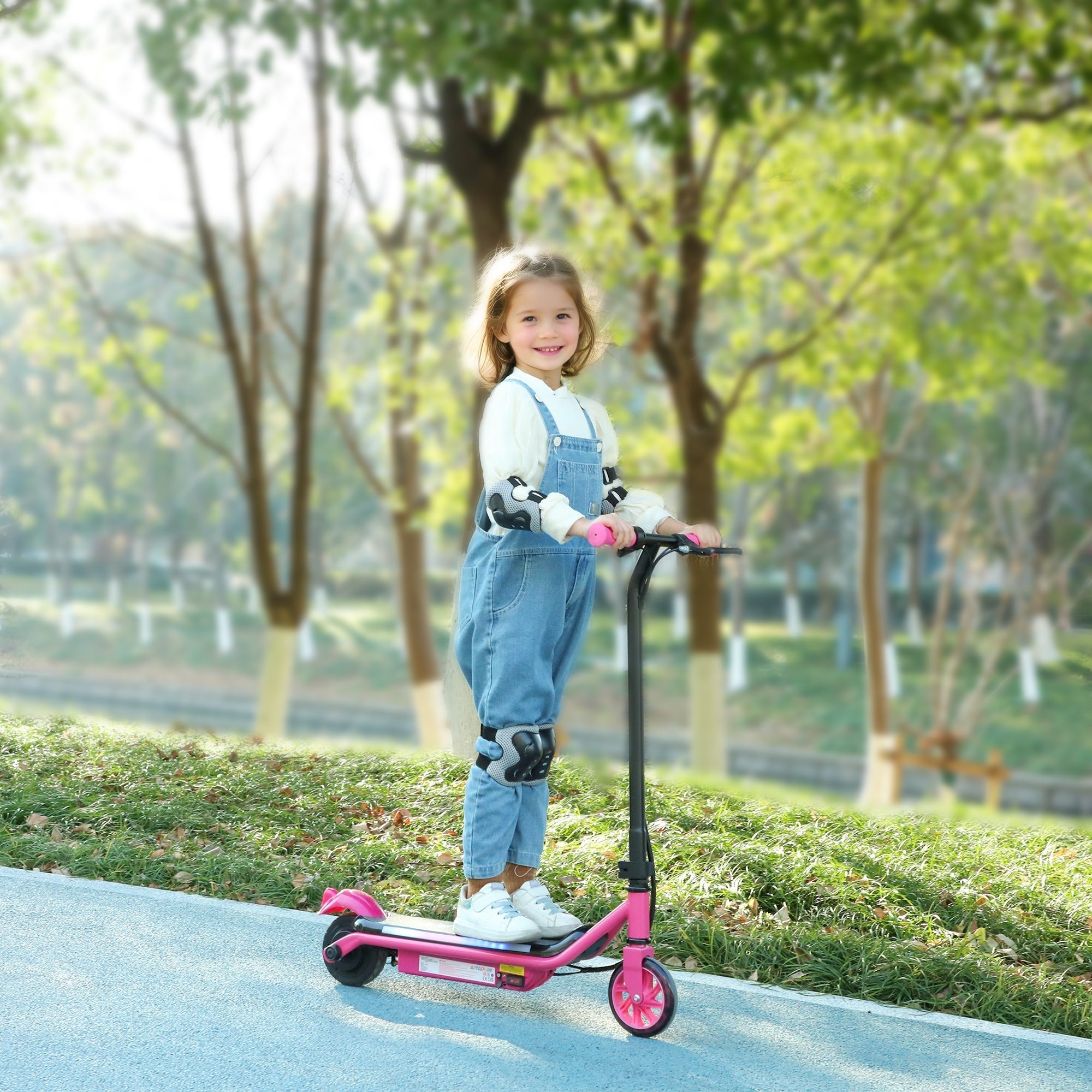 Pink AIYAPLAY electric scooter for kids with dual brakes and dynamic light bars, black handlebars and wheels