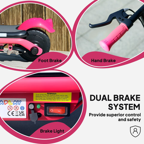 Pink and black aplay kids electric scooter with dual brakes and dynamic light bars for ages 6 to 14