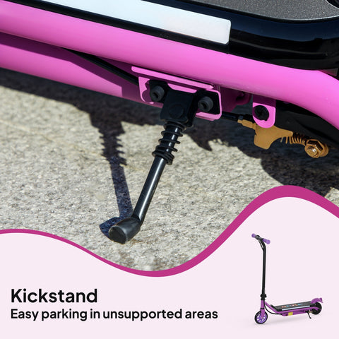 The black textured kickstand on the purple aiyaplay electric scooter with dual brakes and dynamic light bars for kids