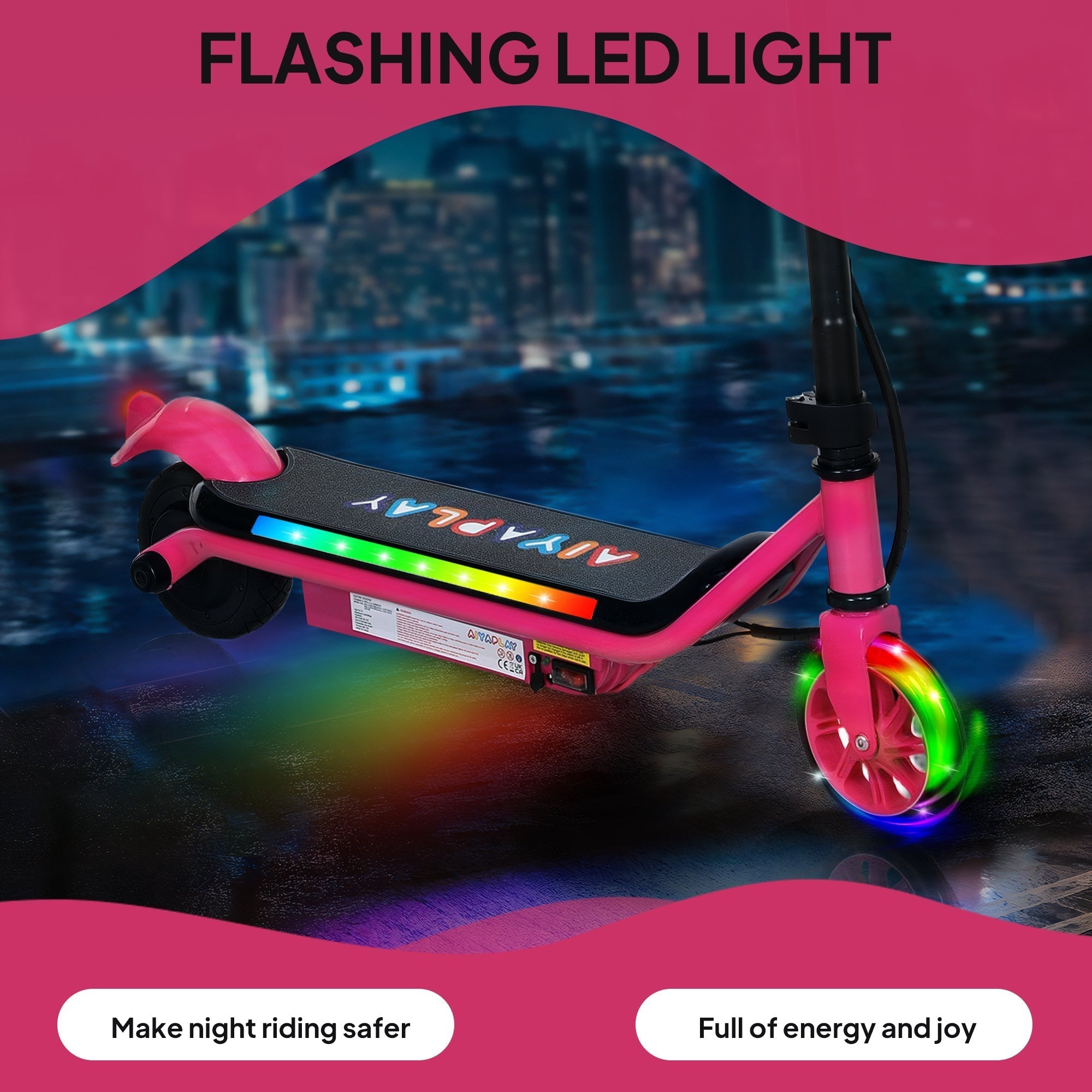 Pink AIYAPLAY electric scooter for kids with dual brakes and dynamic light bars on deck and wheels