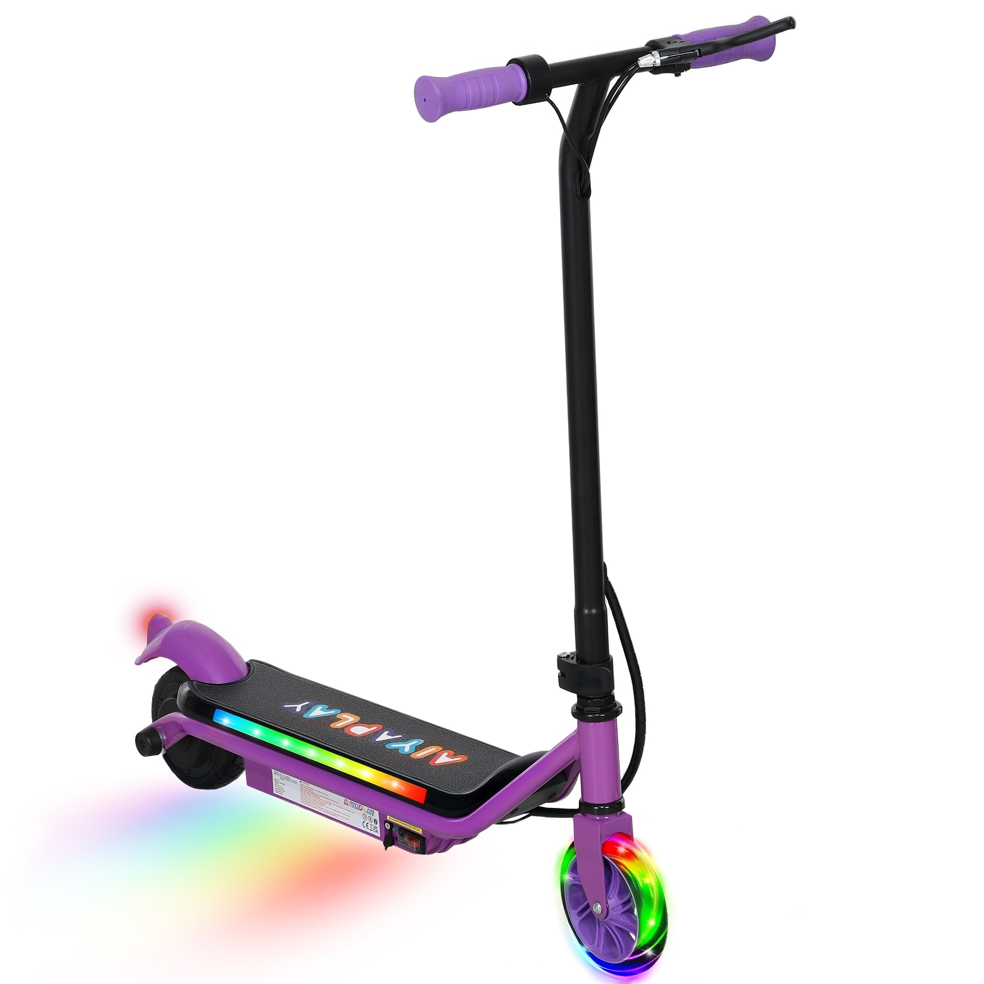 Purple and black ai yaplay electric scooter for kids with dual brakes and dynamic light bars on wheels and deck