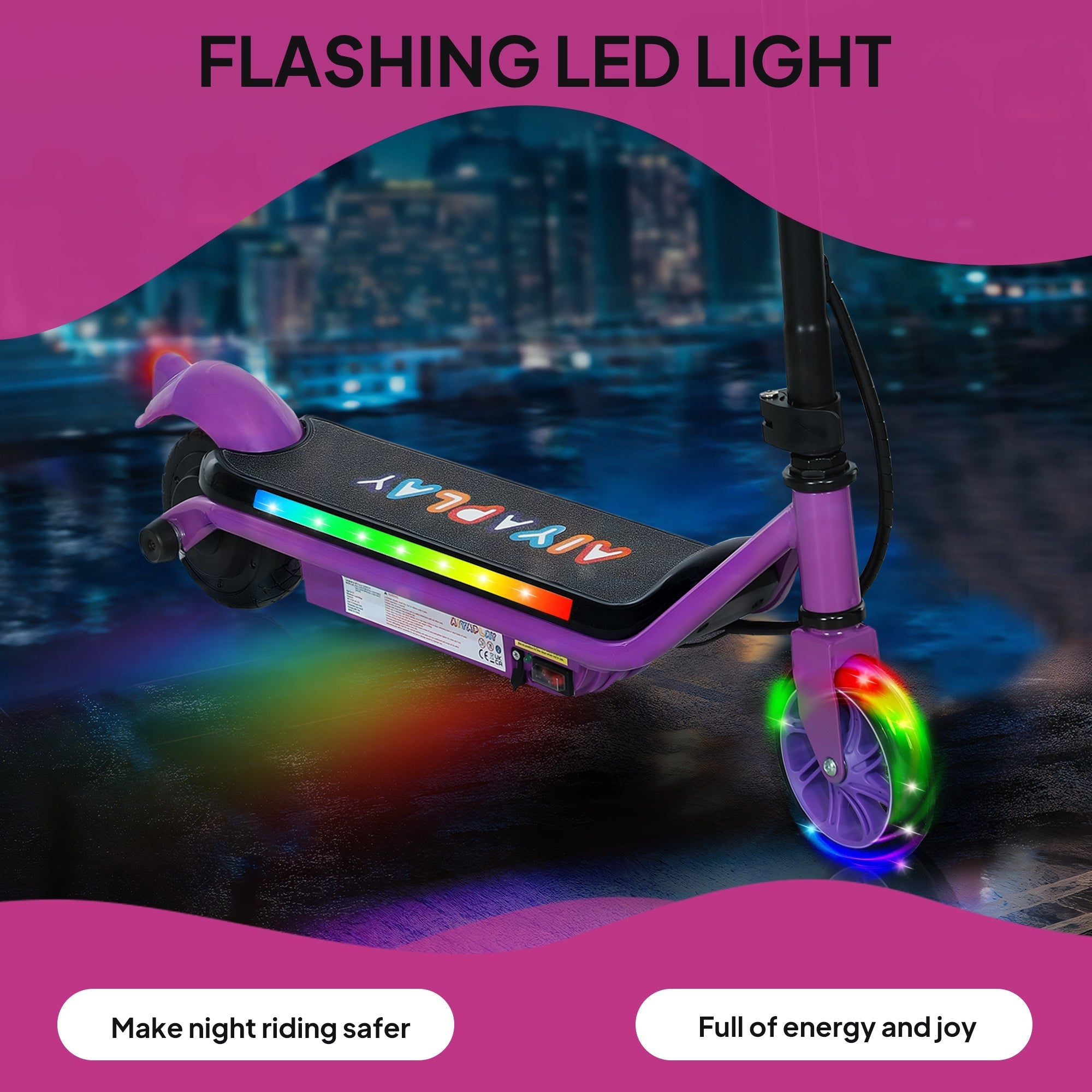 Purple AIYAPLAY electric scooter for kids with dual brakes and dynamic light bars flashing rainbow colors