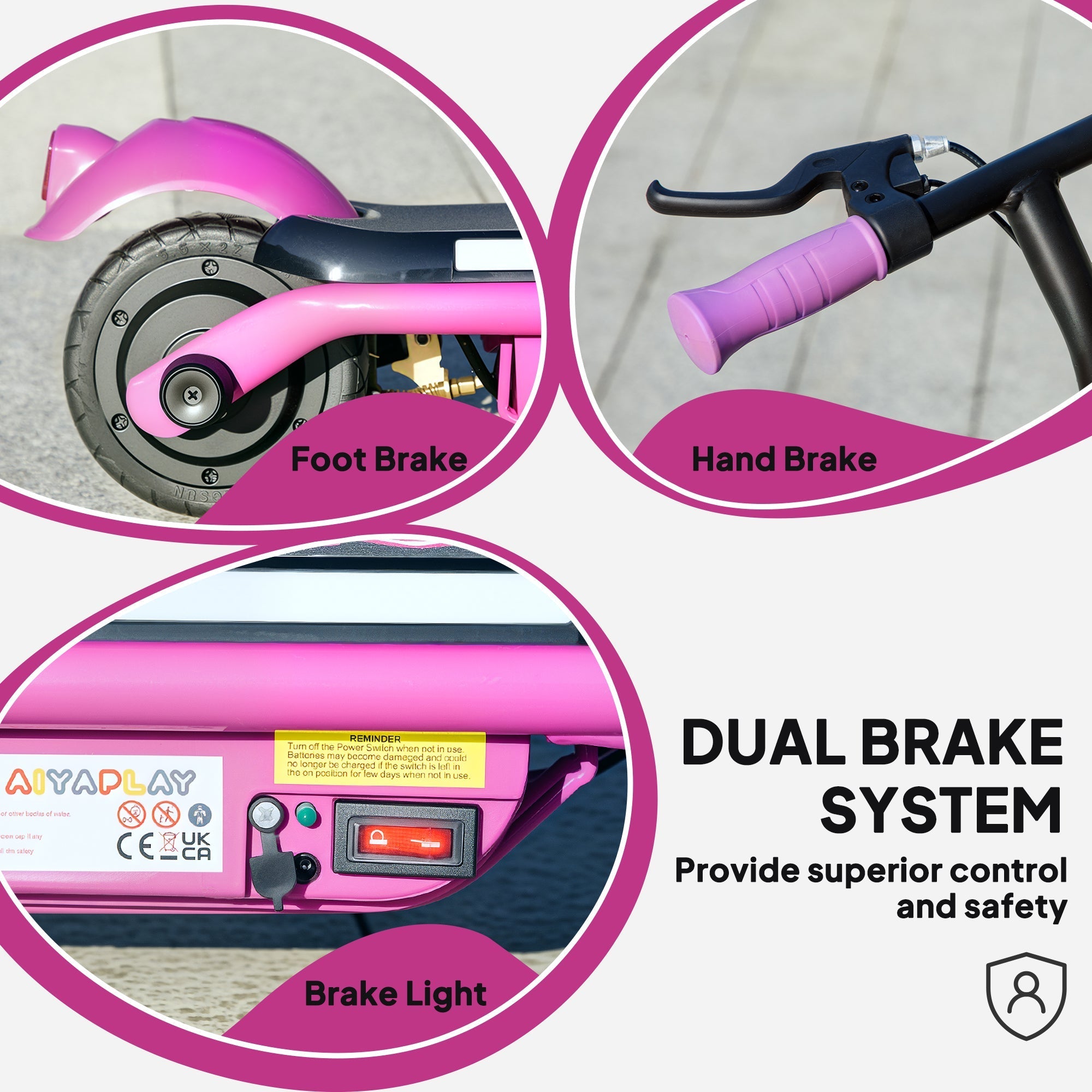Pink aiyaplay electric scooter for kids with dual brakes foot and hand brake and red brake light dynamic light bars